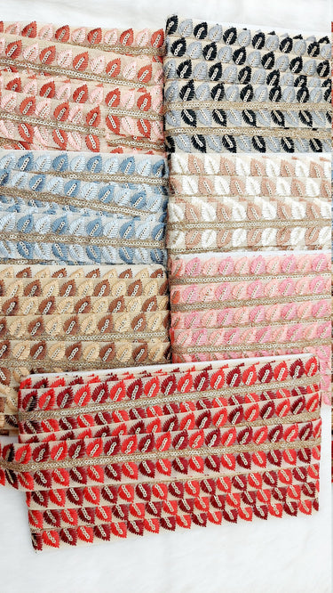 9 Yards Tissue Embroidered Trim, Leaves Embroidery Decorative Trim, Indian Sari Border
